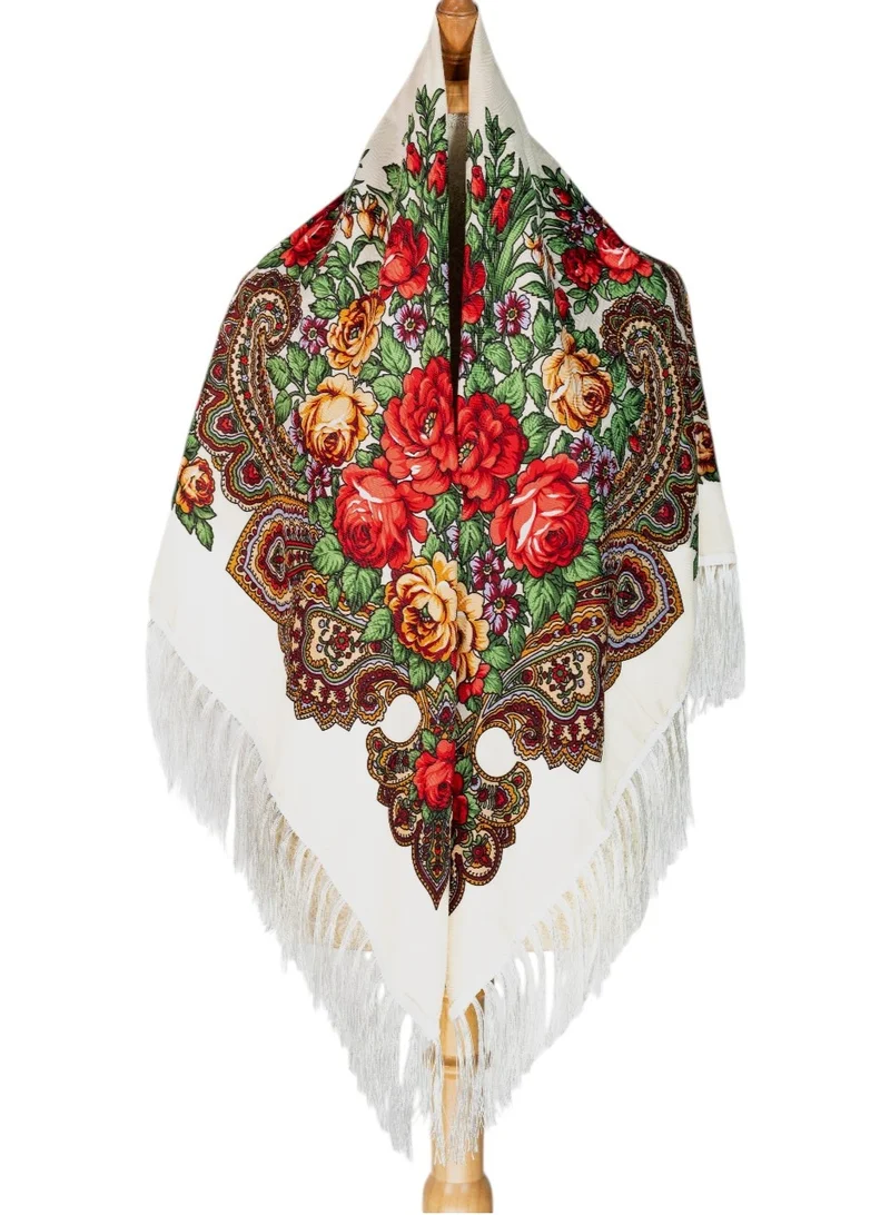 بيداني شال شعبي أبيض وذهبي برسومات ورد